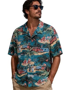 Vintage RJC Men’s Teal Hawaiian Tropical Print Shirt, Surf, Hang 10, 3XL